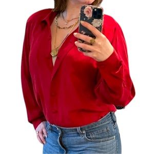 Vintage 90s Red Silk Button Down Long Sleeve Shirt Size Medium